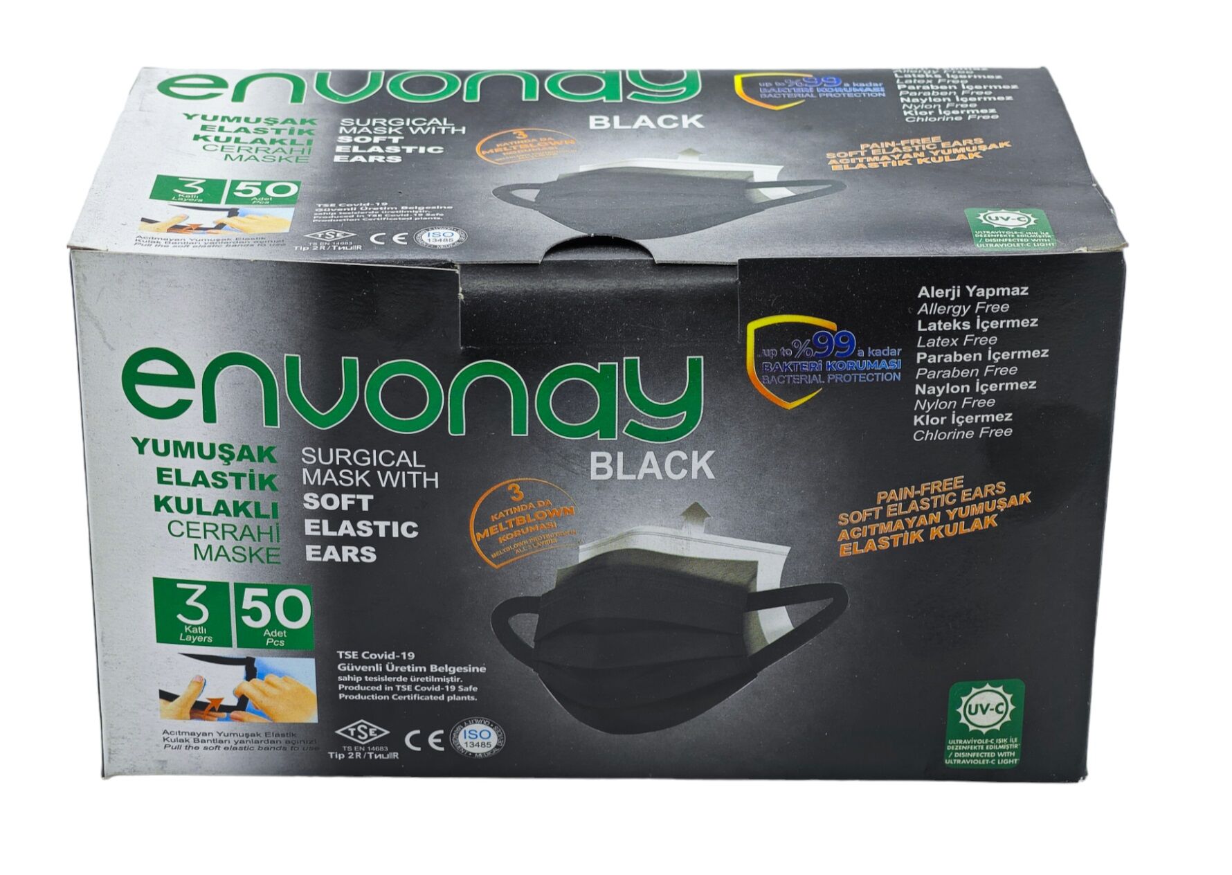 8046 Envonay 3 Katlı Cerrahi Maske 50Li - Siyah