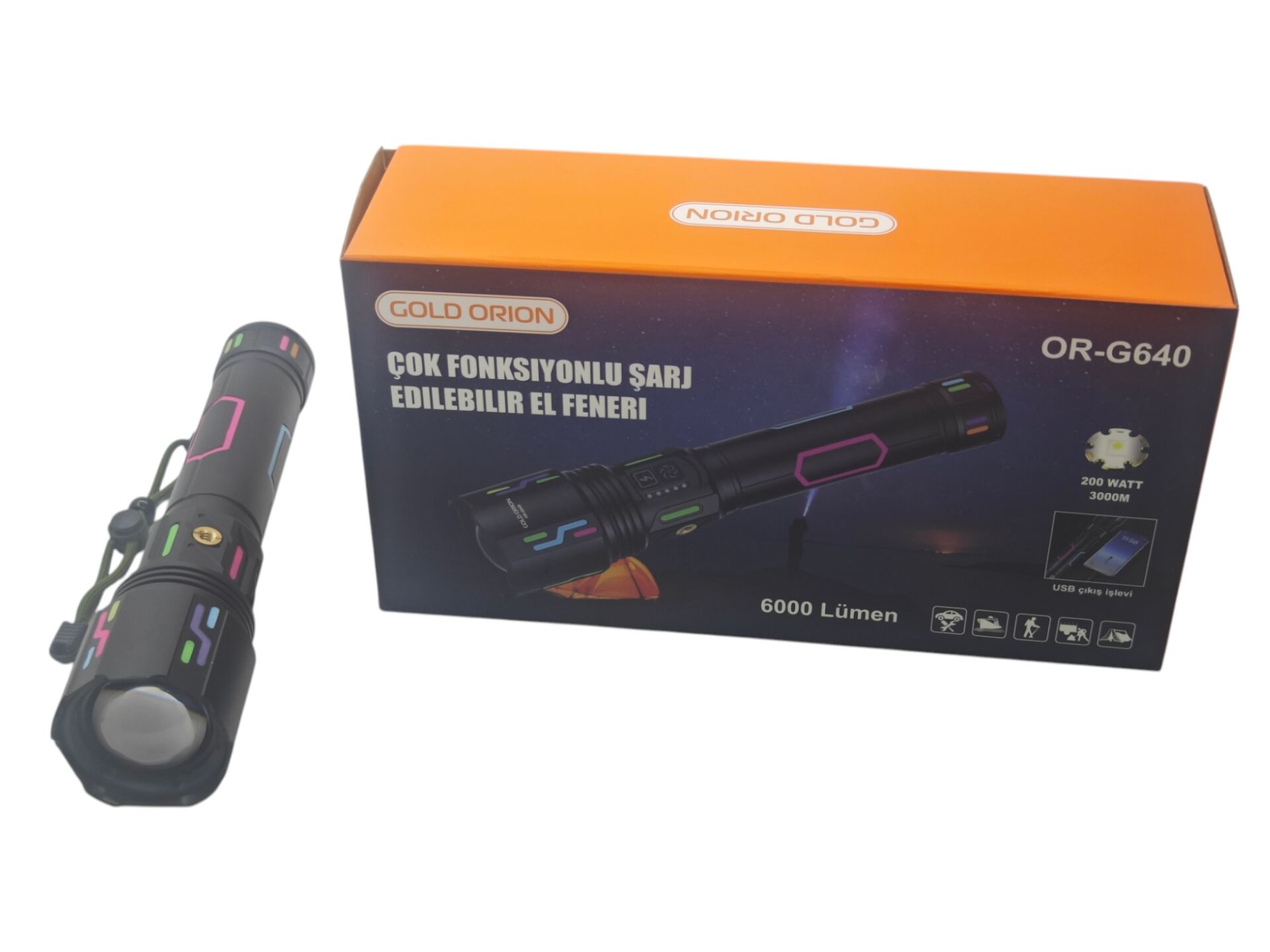 OR-G640   Gold Orion 200W Şarjlı El Feneri 6000 Lümen
