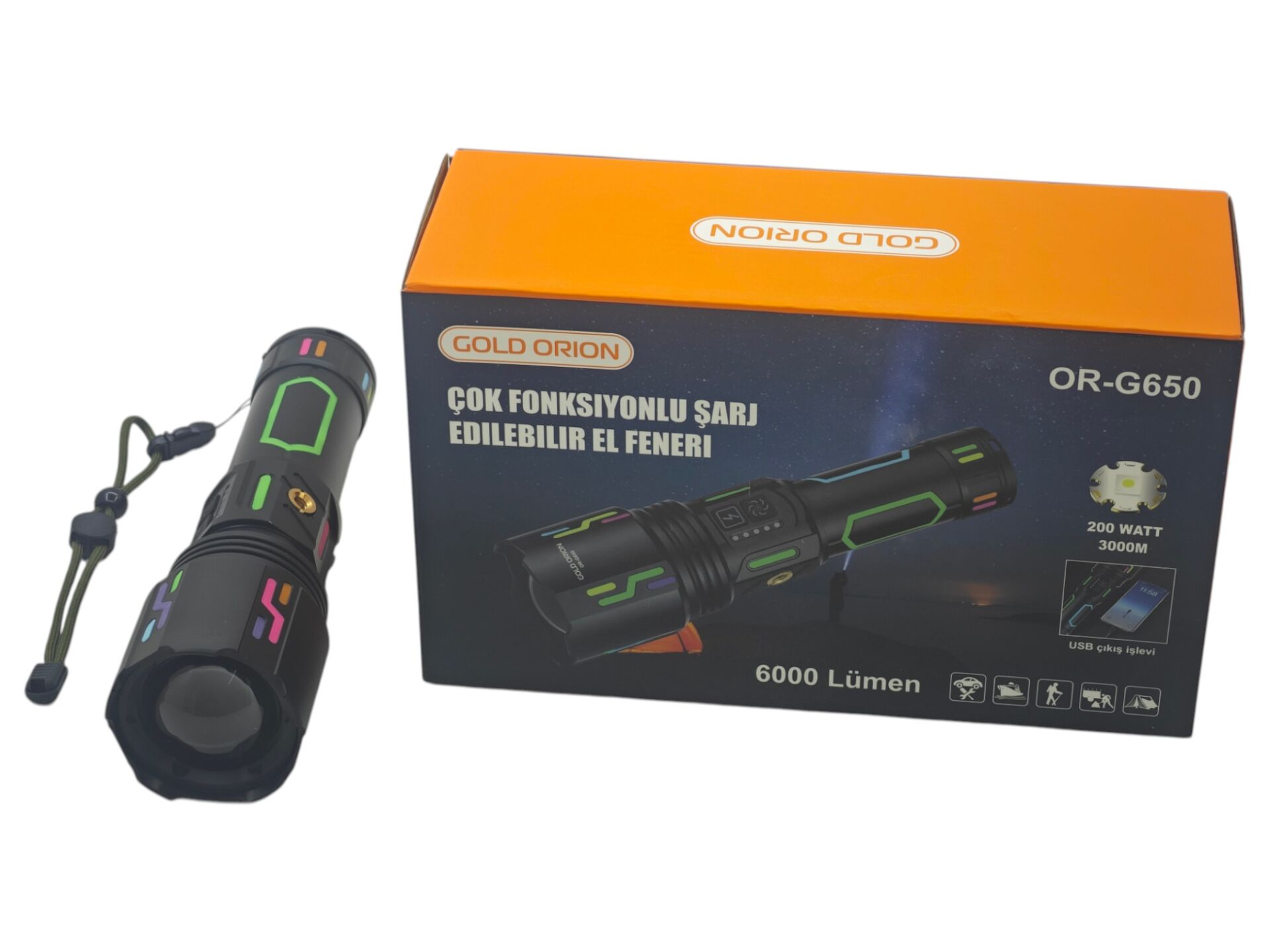 OR-G650   Gold Orion 200W Şarjlı El Feneri 6000 Lümen