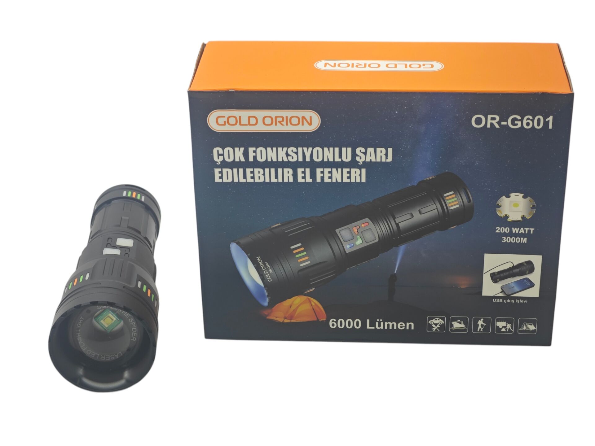 OR-G601   Gold Orion 200W Şarjlı El Feneri 6000 Lümen