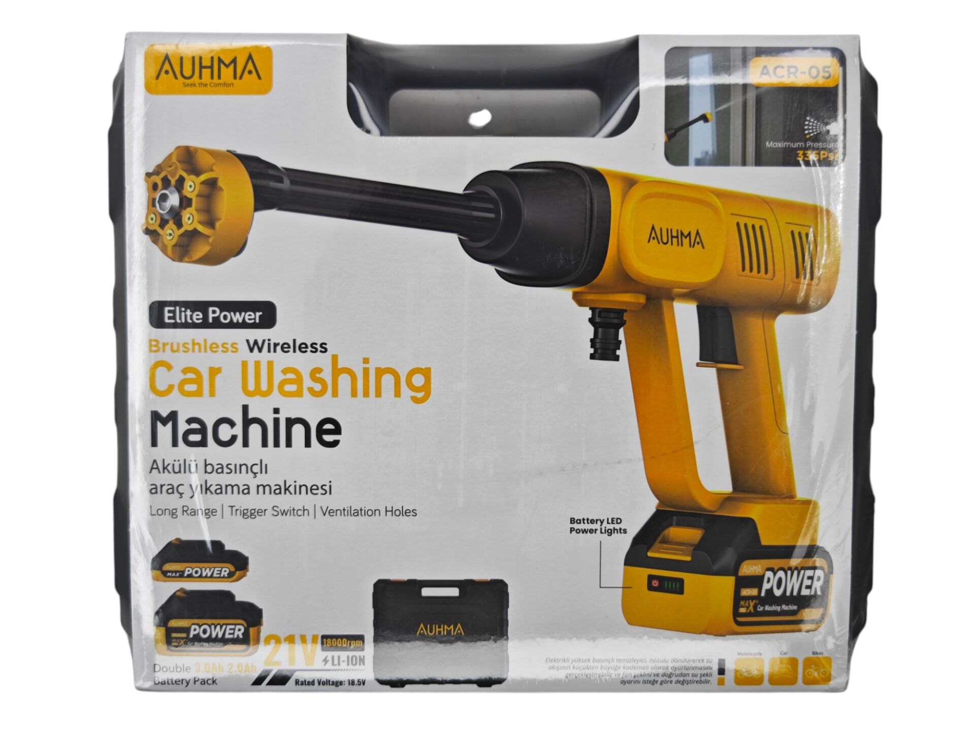 ACR-05   Auhma 21V Şarjlı Basınçlı Oto Yıkama Makinesi - Sarı