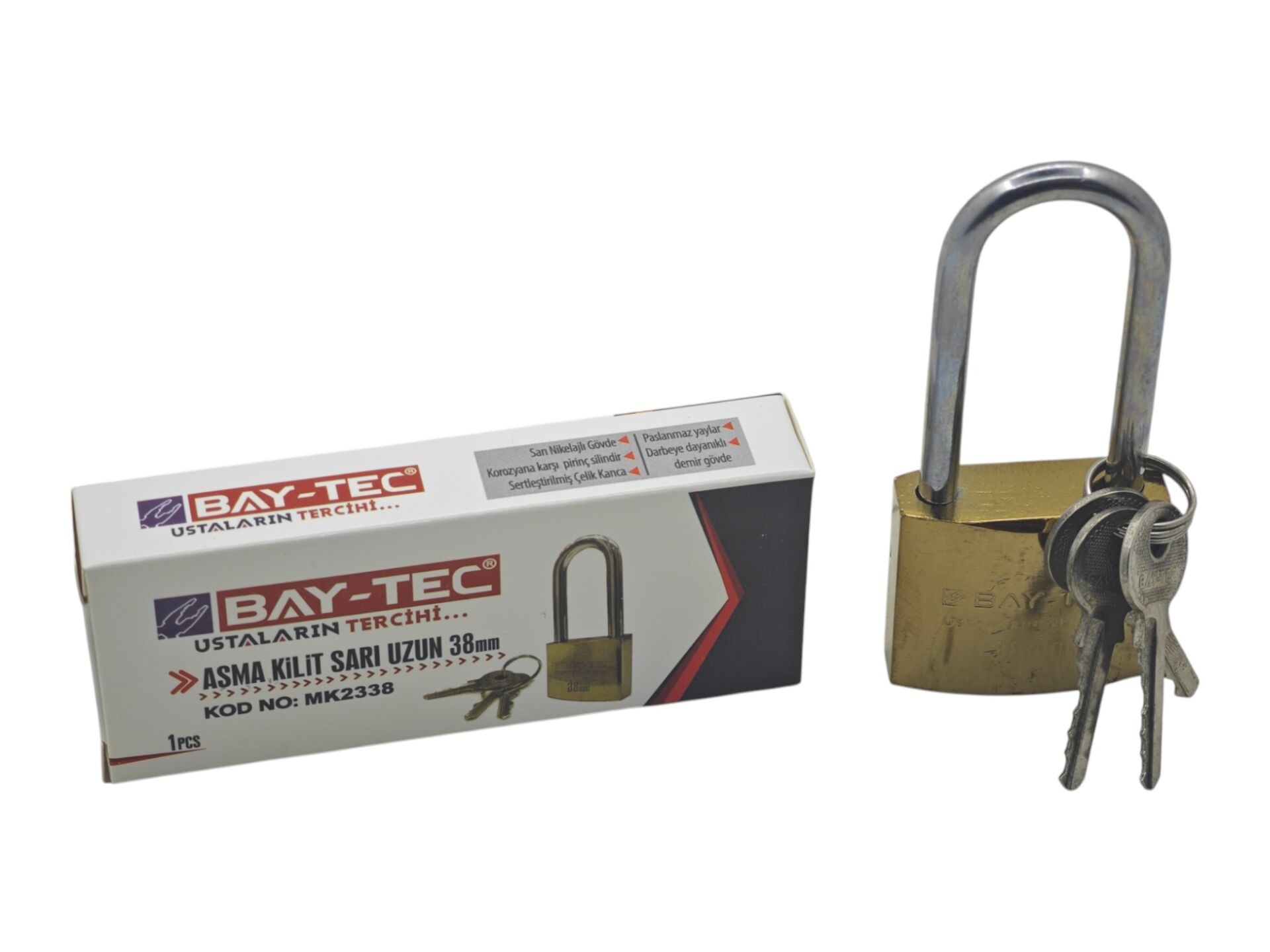 MK2338   Bay-Tec Uzun Sarı Asma Kilit 38mm