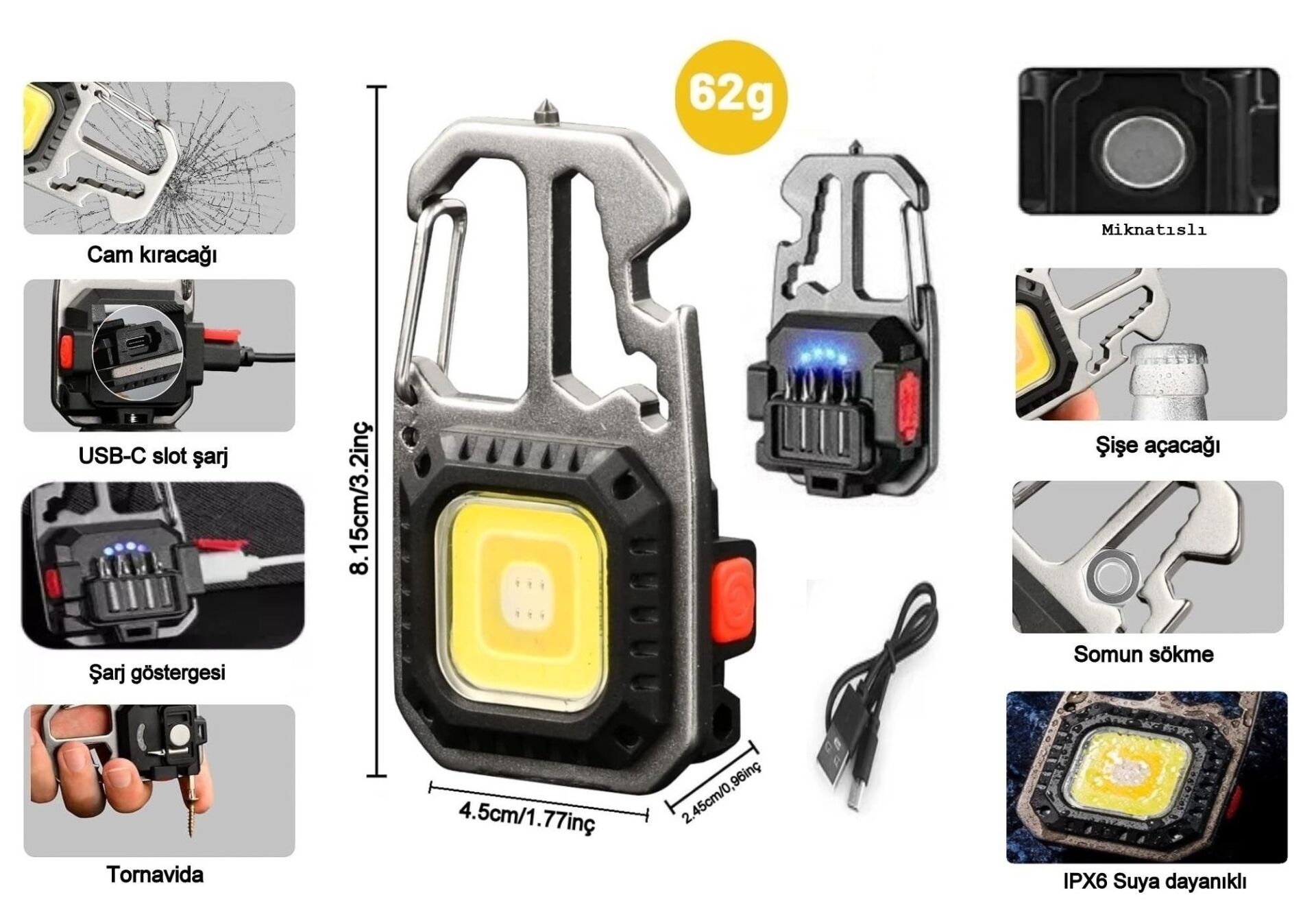 W5138   Cob Keychain USB Type-C Şarjlı Miknatıslı Mini El Feneri