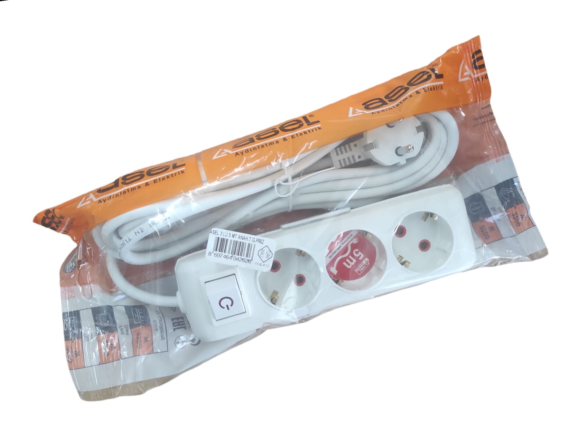 ASL-200 0208   Asel Ara Kablo Grup Priz 3lü 5m - Anahtarlı