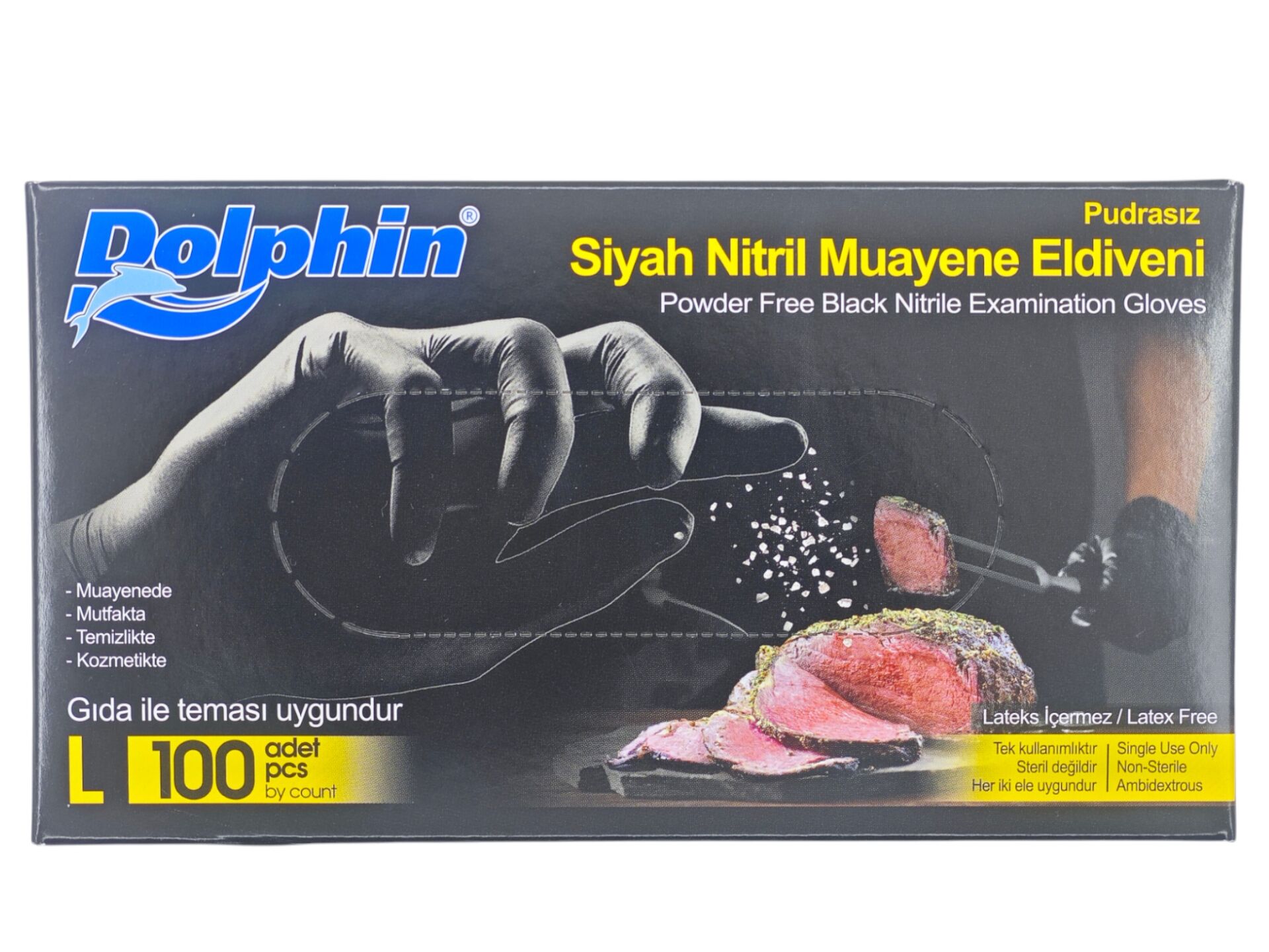1966   Dolphin Pudrasız Nitril Muayene Eldiveni (L) - Siyah