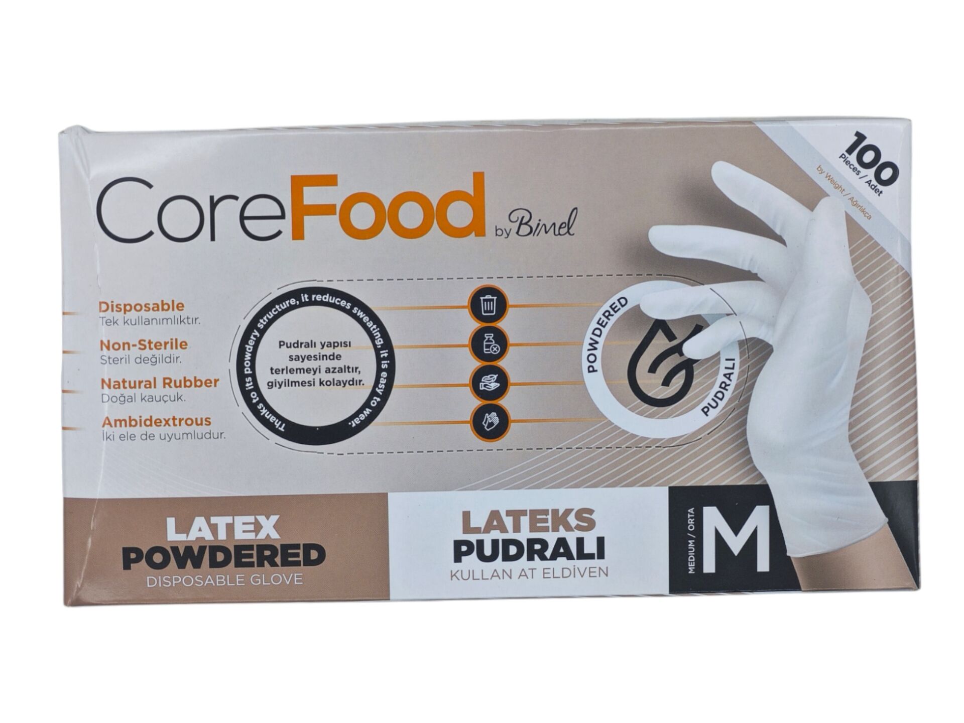 0446   CoreFood Pudralı Lateks Muayene Eldiveni (M) - Beyaz