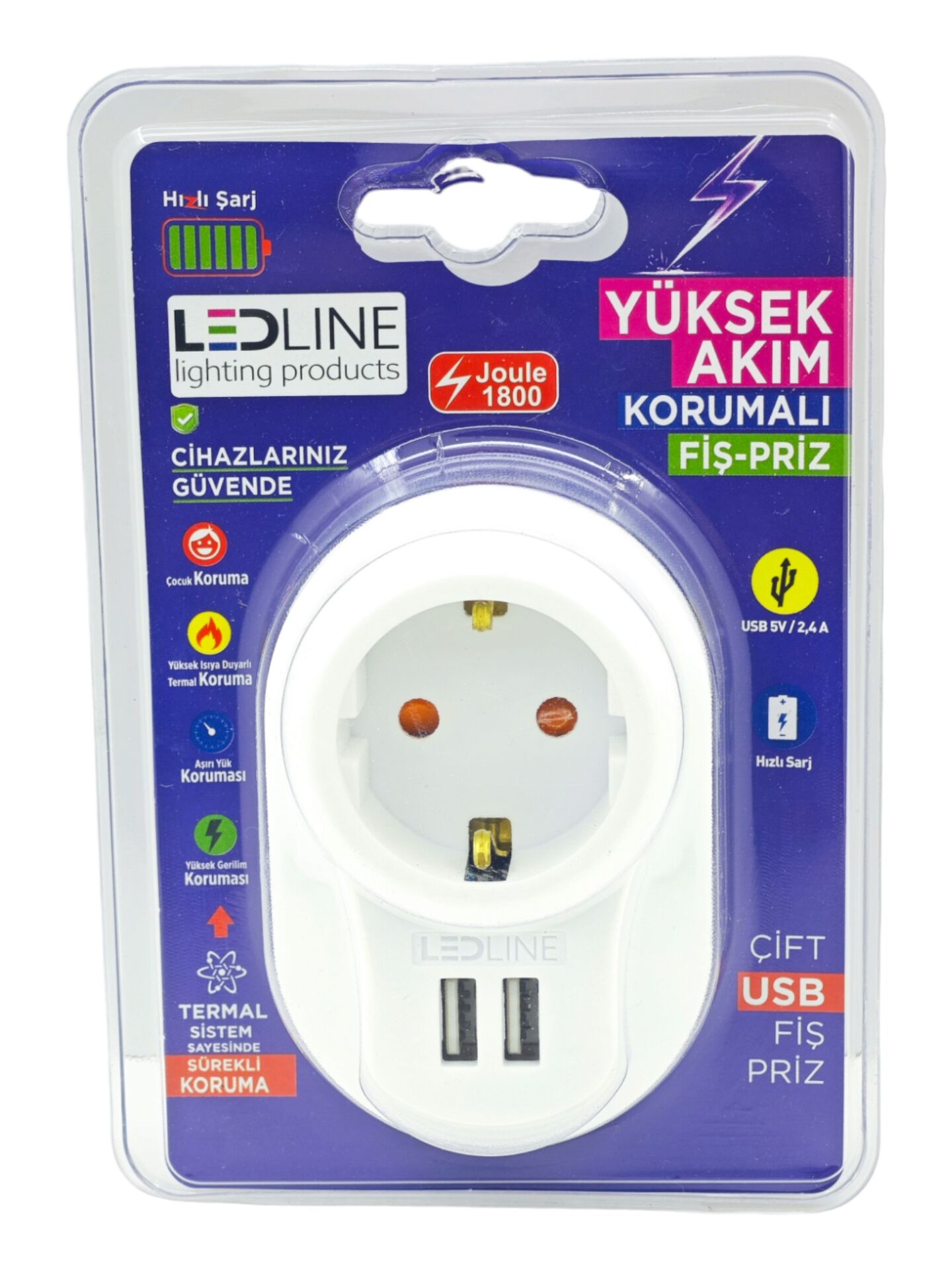 577872   Ledline Akım Korumalı Fiş Priz + 2Usb