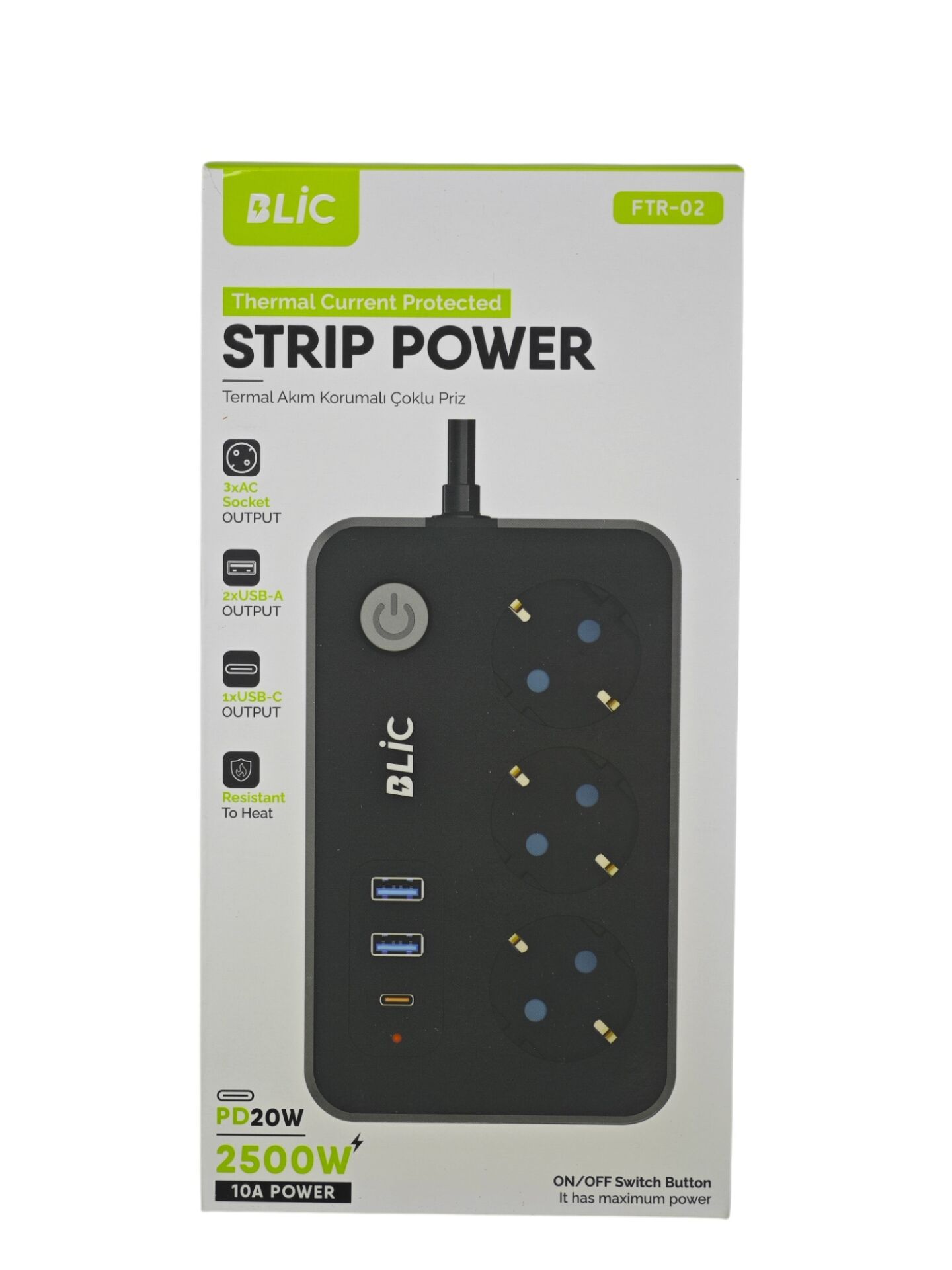 FTR-02   Blic PD 20W 10A Akım Korumalı 2SB-A to C 3lü Priz