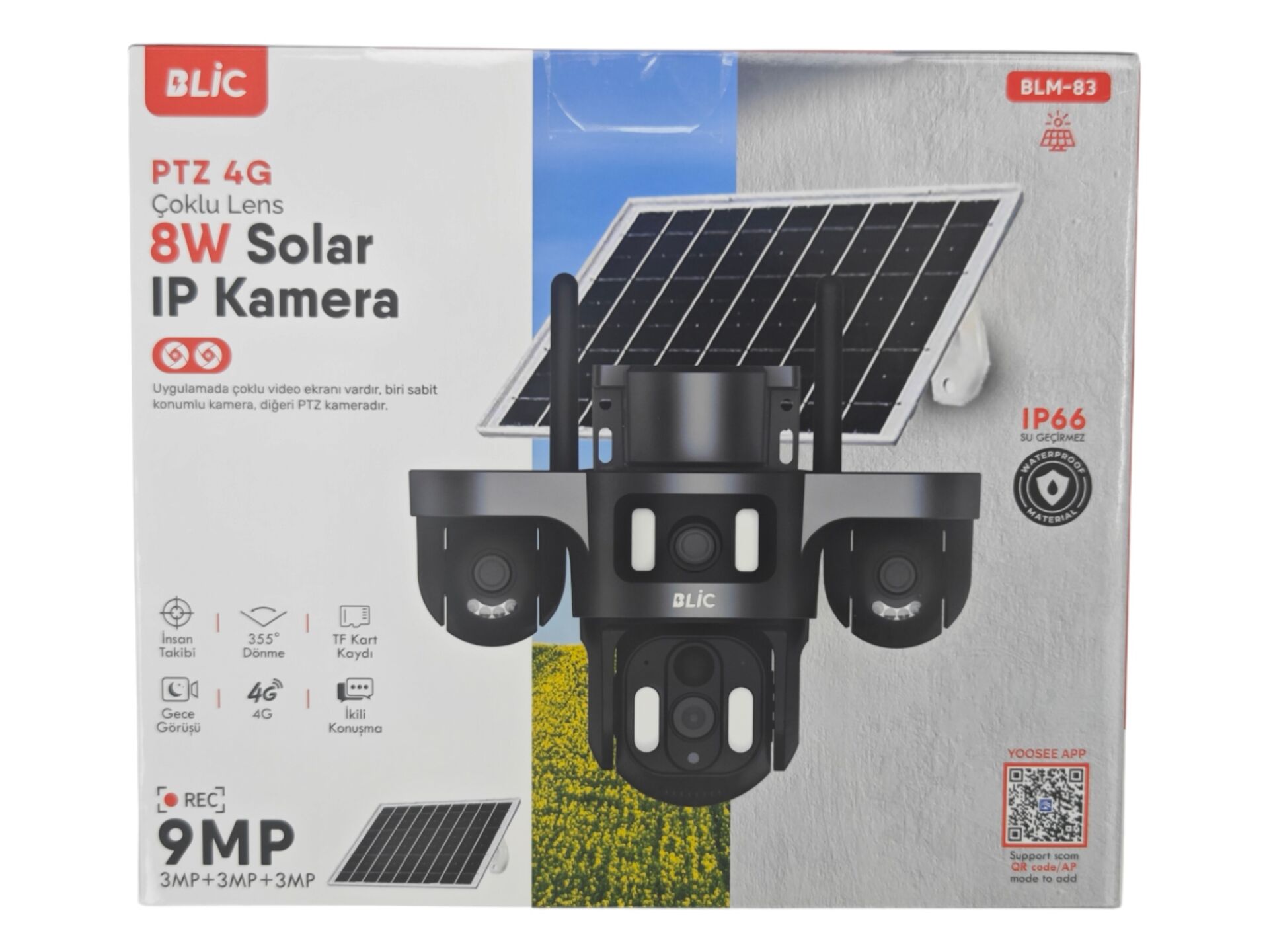 BLM-83   Blic 4G 8W Solar Sarjlı 3+3+3MP Çift Lens Ultra HD IP Kamera