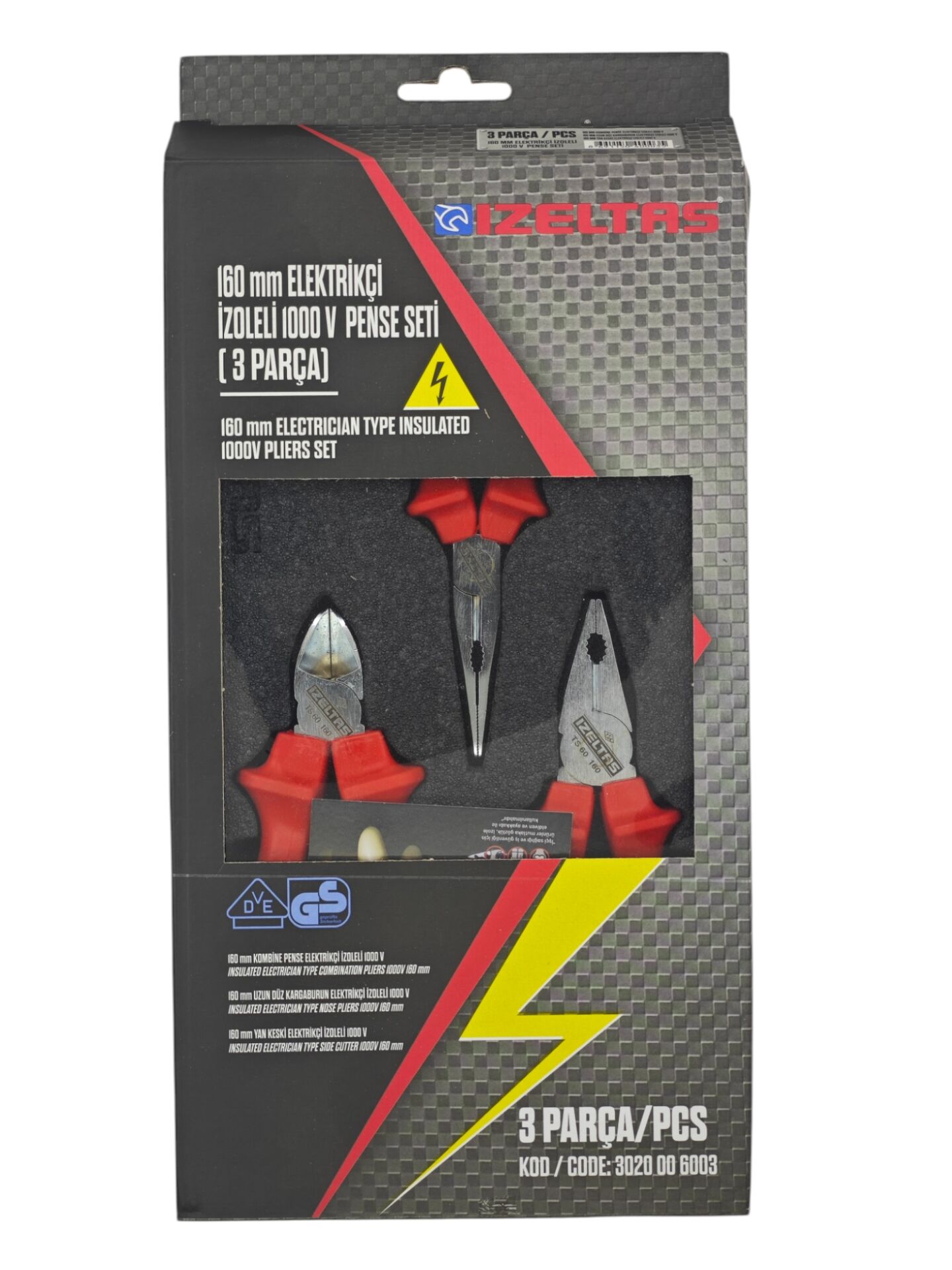 3020006003   İzeltaş 1000V İzoleli Elektrikçi Pense Seti 160mm 3prç