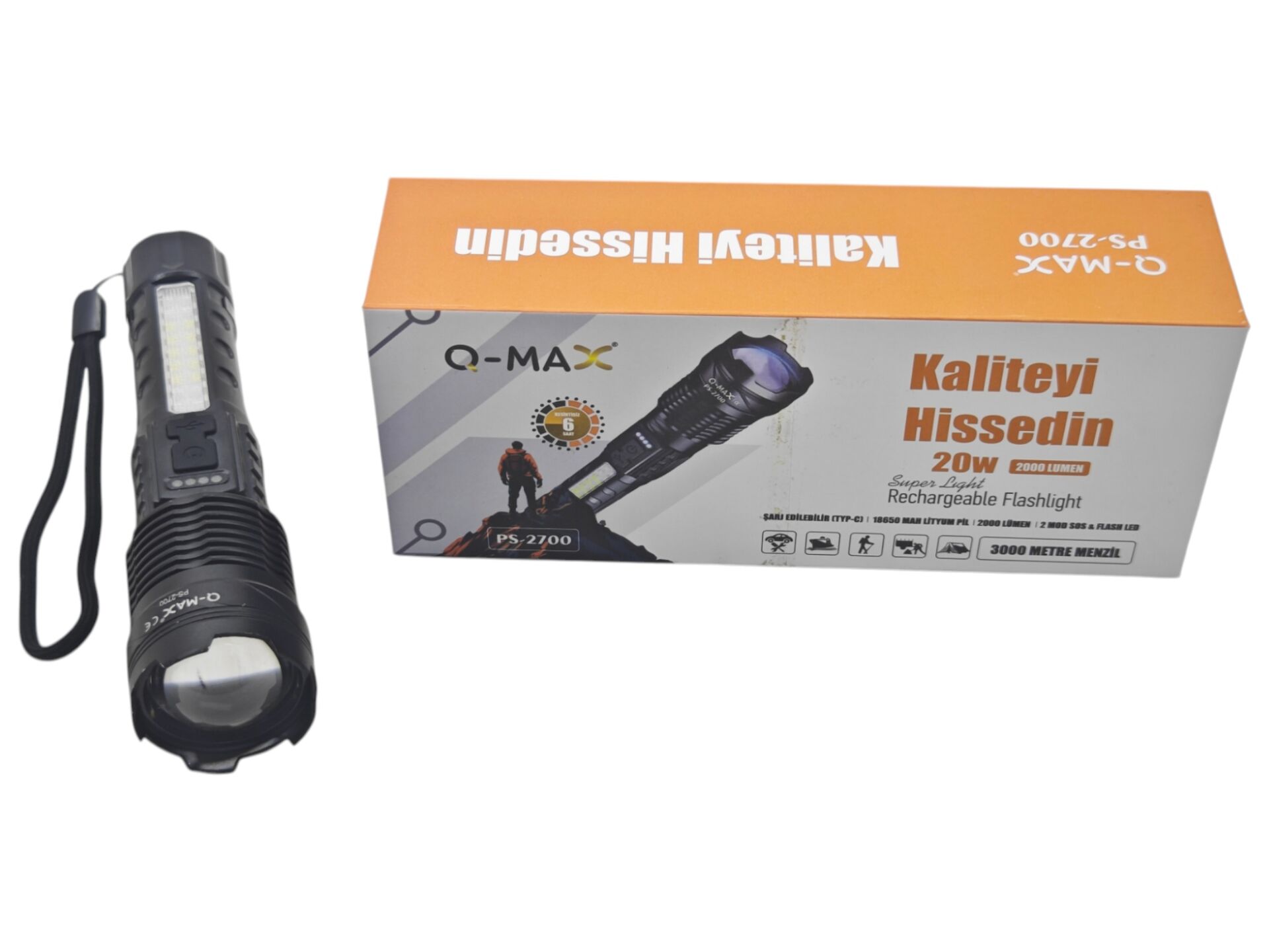 PS-2700   Q-Max 20W Led Şarjlı El Feneri 2000 Lümen